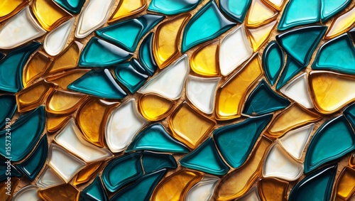 Vibrant stained glass mosaic pattern with turquoise, amber and white irregular shaped pieces in artistic arrangement