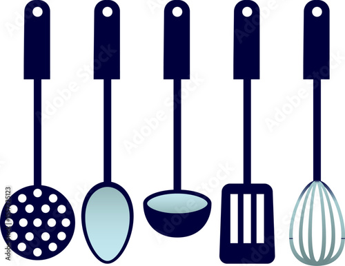 Kitchen utensils set. Black plastic Kitchenware isolated on white background. Vector kitchen utensils design elements for web, culinary infographic, brochure, restaurant presentation.