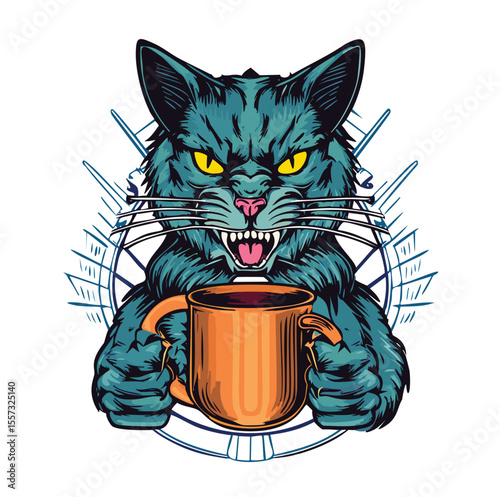 Fierce cat with coffee