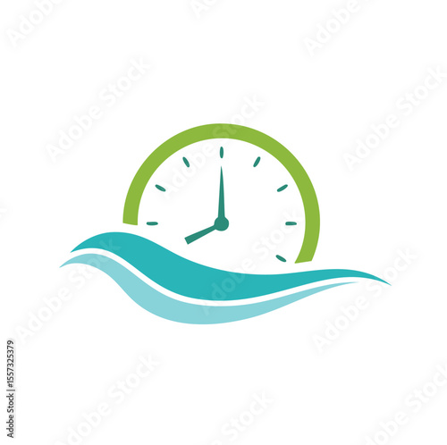 Green clock on blue waves