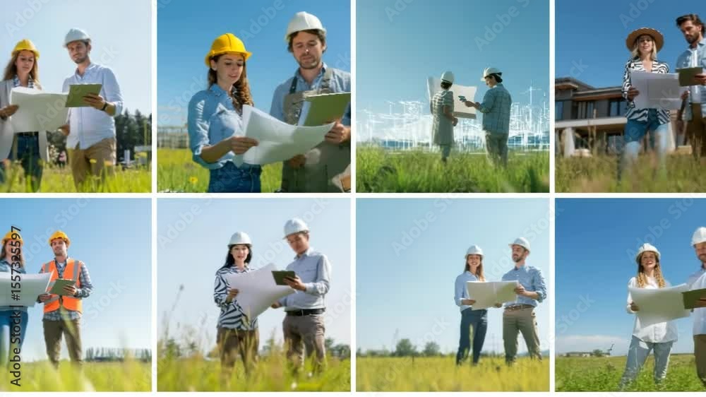 Zeitraffer-Collage: Architektenpaar mit Bauzeichnung und Tablet auf der Wiese bei der Projektbesprechung. Künstliche Intelligenz KI