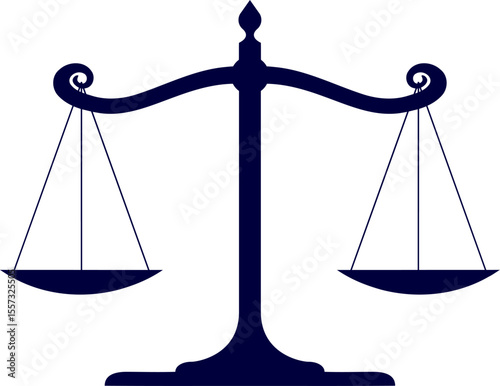 Scales of justice vector. The silhouette of a weight balance scale is depicted in black on a white background. balance scale icon