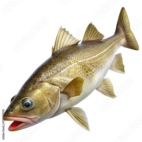 A detailed studio shot of a whole atlantic cod fish with its mouth open and fins spread isolated on transparent background