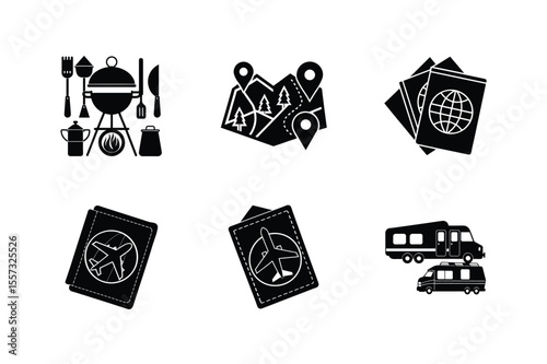 Travel and adventure collection set featuring camping, navigation, and international travel icons