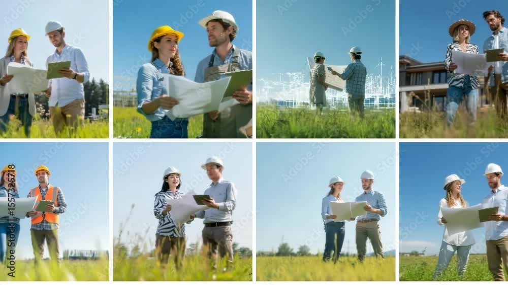Zeitraffer-Collage: Architektenpaar mit Bauzeichnung und Tablet auf der Wiese bei der Projektbesprechung. Künstliche Intelligenz KI