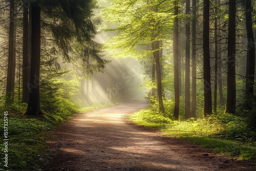 Misty forest path illuminated by soft morning sunlight creating a dreamy  peaceful  and tranquil natural scene inviting exploration and mindfulness