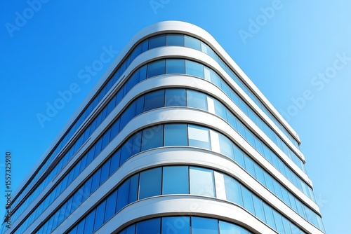 Futuristic curved glass office building with sleek white facade reflecting blue sky, modern corporate architecture and innovative urban design