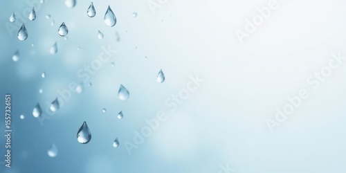A serene backdrop featuring a gentle rain shower of crystal-clear droplets cascading against a soft, light blue gradient