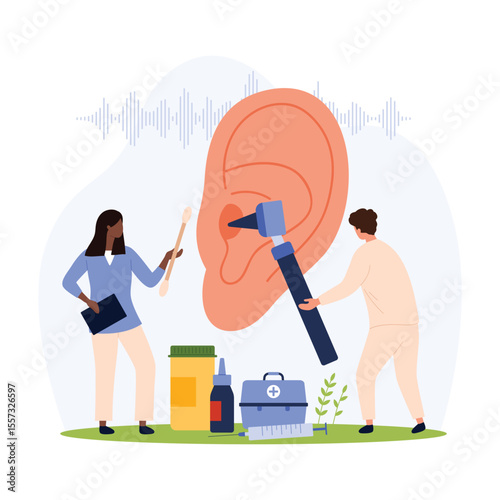 Ear health, otolaryngology checkup vector illustration. Cartoon tiny people check hearing with otoscope, treatment of earache, infection and hear loss by otolaryngologist with hospital equipment