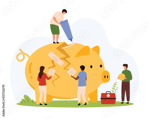 Economical crash, financial crisis and inflation problem, bankruptcy. Tiny people repair broken piggy bank with glue and adhesive tape, fixed money box with savings cartoon vector illustration