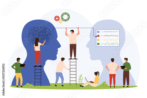 Problem solution by simplify method, from complex to easy. Tiny people untangle messy chaos of thread in human brain, divide complicated process into simple solutions cartoon vector illustration