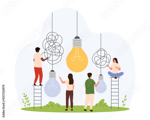 Creative idea to solve problem, goal to understand and simplify complex task. Tiny people work on dark broken bulbs with messy knots of wires and electric yellow bulb cartoon vector illustration