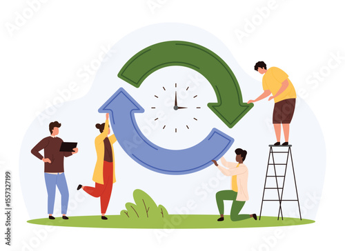 Refresh or reload task, synchronization or renew visualization vector illustration. Cartoon tiny people holding circle arrows of update cycle sign with clock inside, repeat loading process again
