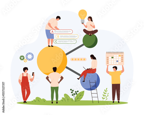 Network collaboration, solution research and organization in team. Tiny people with bright light bulb share ideas and information online, work and brainstorm together cartoon vector illustration