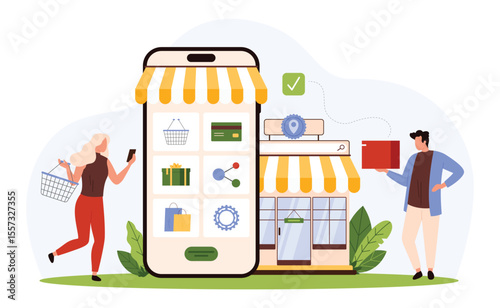 Online store sales, retail shop mobile app in smartphone with awning. Tiny people hold gift box and basket for shopping, select product category on phone screen to buy cartoon vector illustration