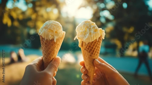 Two Hands Holding Ice Cream Cones in Sunset Park Outdoor Scene