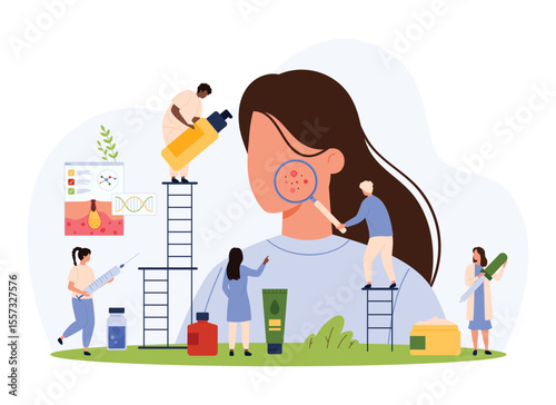 Consultation with dermatologist for diagnosis and drug treatment of acne. Tiny people with magnifying glass exam female patient skin of face for microbes and rash problem cartoon vector illustration