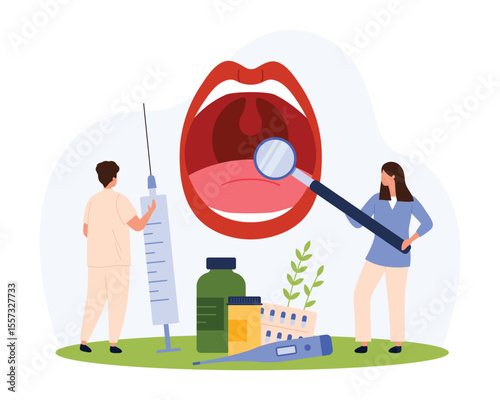 Diagnosis and treatment of throat disease, otolaryngology vector illustration. Cartoon tiny people check open mouth for inflammation in tonsils, ENT doctors holding syringe and magnifying glass