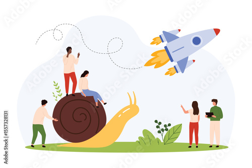Boost professional career and business with ambitions, entrepreneurship and motivation for growth. Tiny people ride slowly on snail, speedy rocket flying in sky to goals cartoon vector illustration