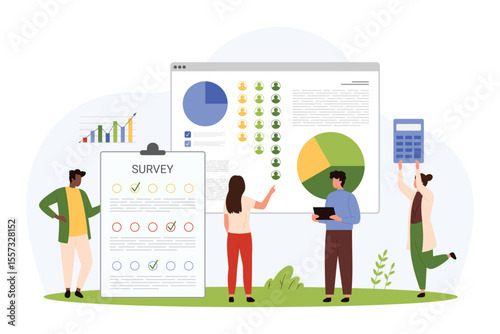 Analysis of focus group and brand audience for communication with clients. Tiny people research feedback opinions in survey list for assessment in chart performance cartoon vector illustration