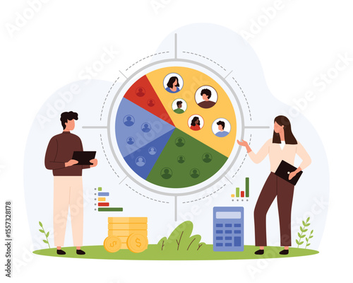Target audience research, marketing analysis of focus groups and customer behavior. Tiny people study consumers profiles trapped in segment of circle chart and aim cartoon vector illustration