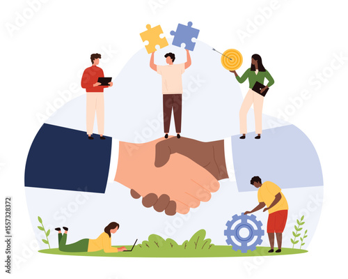 Partnership and cooperation of business people, signing contract, deal and agreement. Handshake of two business partners, tiny people holding target and puzzle pieces cartoon vector illustration