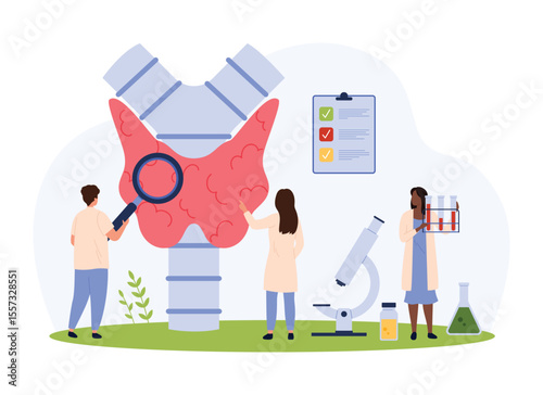 Diagnosis of thyroid diseases in endocrinology vector illustration. Cartoon tiny people check health and function of endocrine organ with magnifying glass, diagnose hypothyroidism or hyperthyroidism