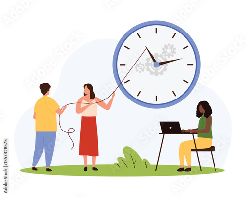 Time management vector illustration. Cartoon tiny people moving clock back to meet business deadline, employee characters pulling arrow with rope to stop and reverse time because of risk of delay