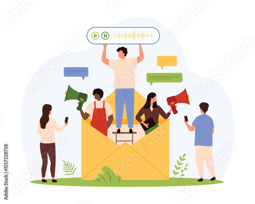 Voice mail service to record and listen to audio messages of customer. Tiny people from giant envelope with letter holding megaphones and chat speech bubble with sound cartoon vector illustration