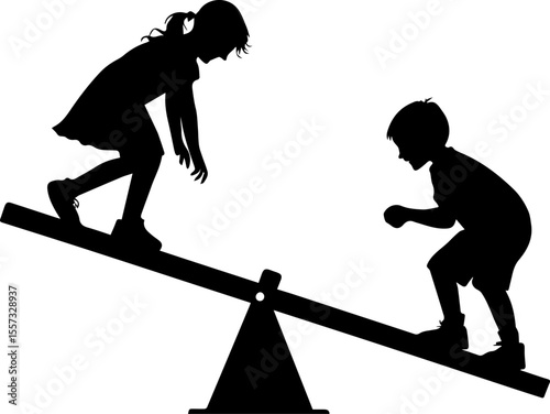 Children Playing on a Seesaw Silhouette - Playful Childhood Vector Illustration