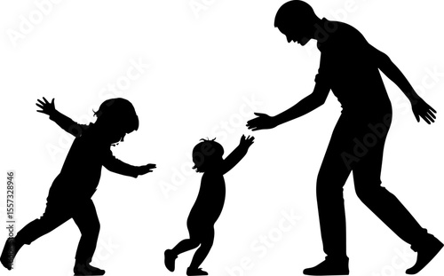 Happy Children Running to Parent Silhouette - Family Love and Reunion Vector Illustration