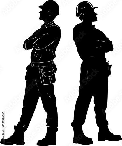 Confident Construction Worker Silhouette - Contractor and Engineer Vector Illustration