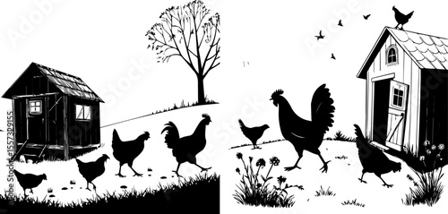 Vintage Woodcut Style Chickens and Rooster Walking on a Farm