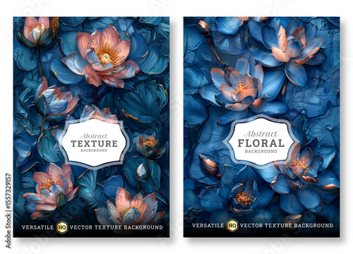 Blue impasto style floral art cover design, wedding invitation template design, versatile vector background, brochure template, Luxury invitation card background, invitation, abstract background