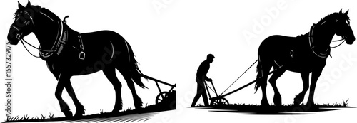 Silhouettes of a Farmer Plowing a Field with a Draught Horse: Vector Illustration