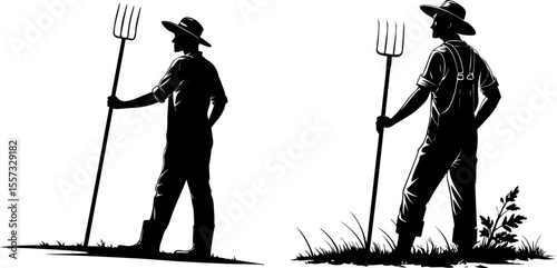 Detailed Silhouettes of a Farmer with a Pitchfork: Vector Illustration