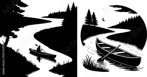 Canoeing on a Winding River: Minimalist Outdoor Vector Illustration