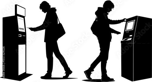 Silhouettes of People Using Self-Service Kiosks and ATMs: Vector Illustration