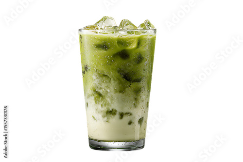 Refreshing iced matcha latte in a glass with ice cubes.
