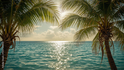 Beach with two palm trees framing a tranquil sunset ocean scene, suitable for travel brochures, tropical vacation ads, and coastal-themed designs.