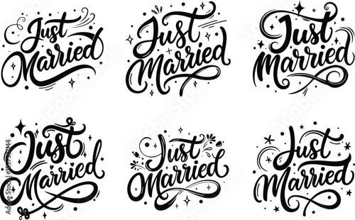 Just Married Wedding Lettering Set – Elegant Black and White Calligraphy Quote Design for Wedding Cards, Honeymoon Tags, Romantic Printable, Bridal Party Invitations and Decorations