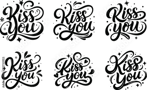 Kiss You Romantic Typography Set – Handwritten Love Quote Vector Design for Valentine’s Day, Couple Notes, Love Letters, Greeting Cards and Romantic Sticker Collections