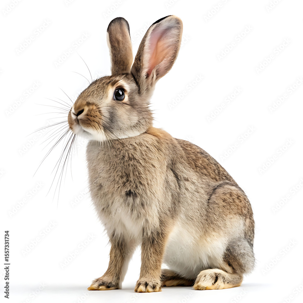 Fototapeta premium A fluffy rabbit, isolated against a stark white background.