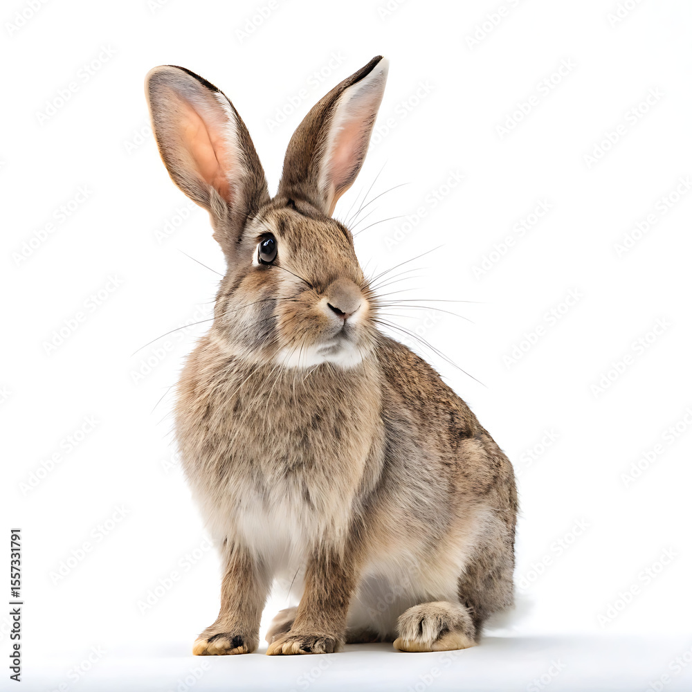 Fototapeta premium A rabbit is posing in a straightforward manner, isolated on a white background.