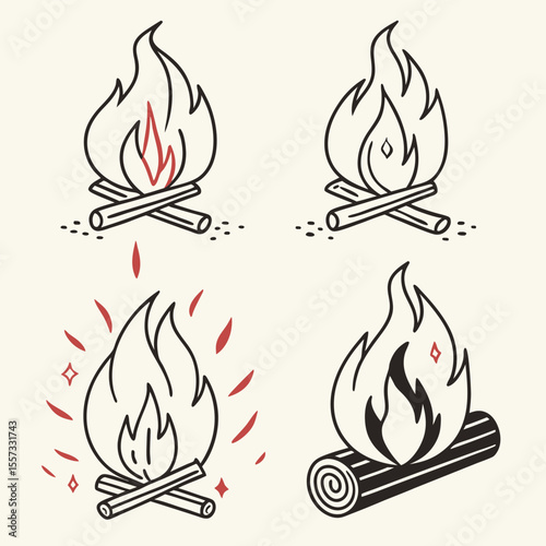 Silhouette and Outline Fire Elements Vector