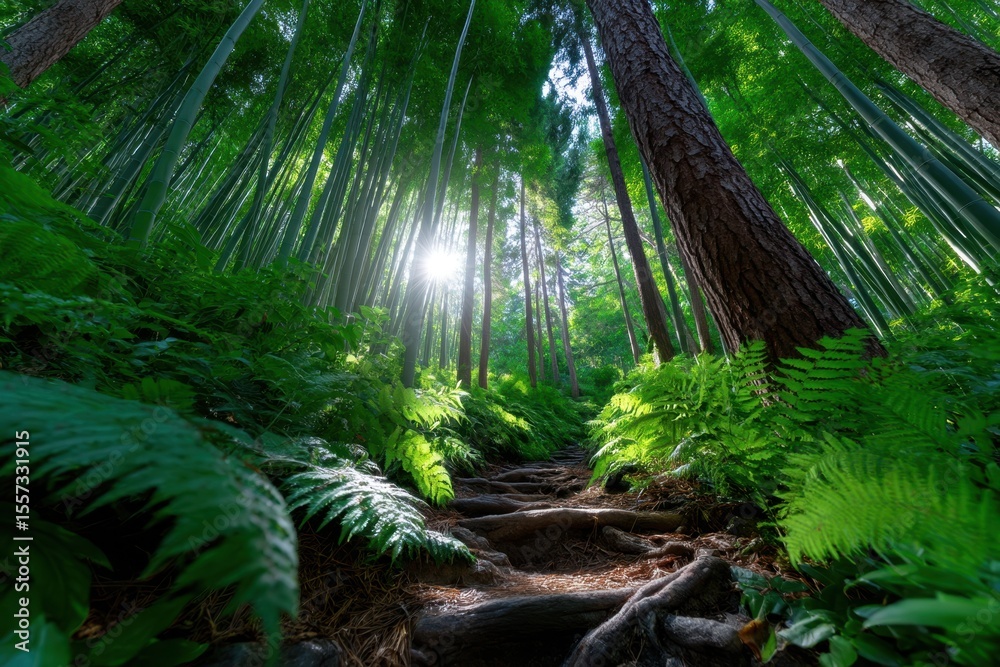 Fototapeta premium Sunlight filters through trees in a lush forest with vibrant ferns and visible tree roots