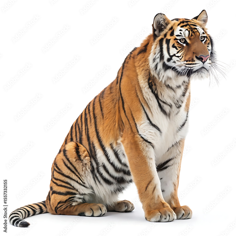 Obraz premium A Tiger is posing in a straightforward manner, isolated on a white background.