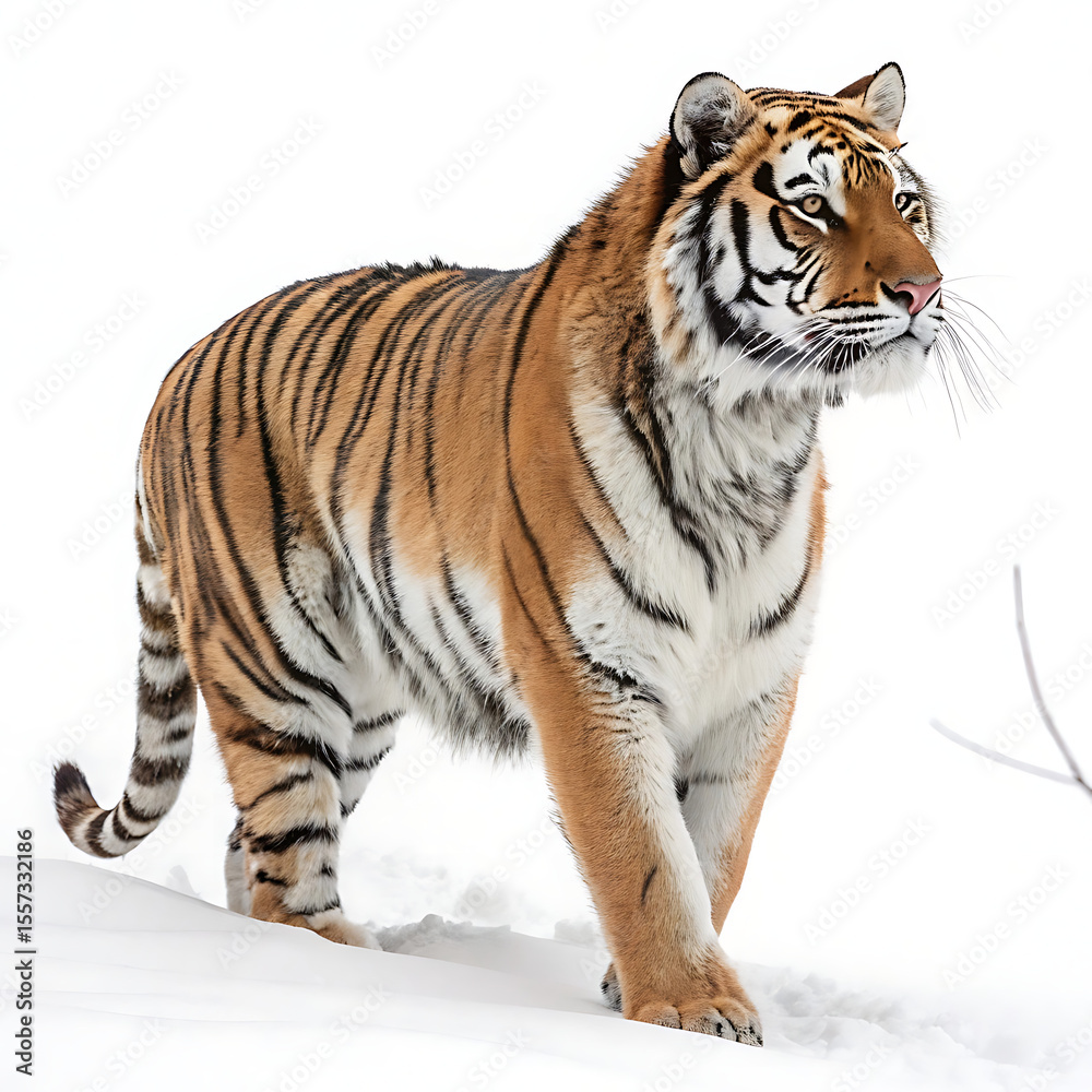Fototapeta premium A Tiger is posing in a straightforward manner, isolated on a white background.