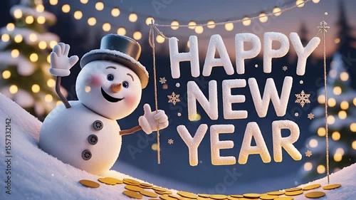Festive New Year Greetings: A cheerful snowman waves hello beside a glowing 