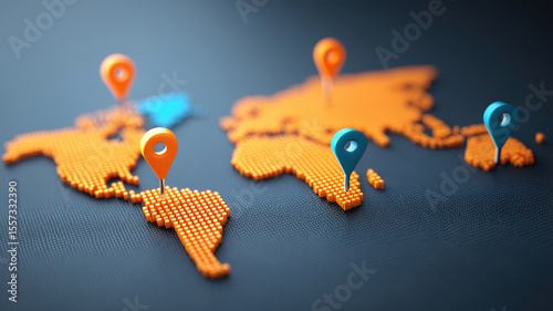 Global economic outlook concept with orange and blue location markers on dotted world map showing modern business perspective